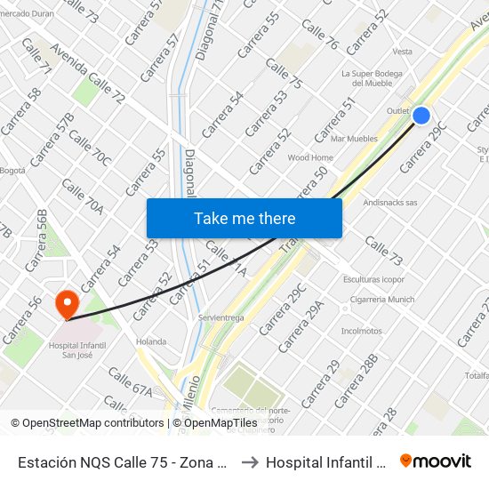 Estación NQS Calle 75 - Zona M (Av. NQS - Cl 75) to Hospital Infantil de San José map