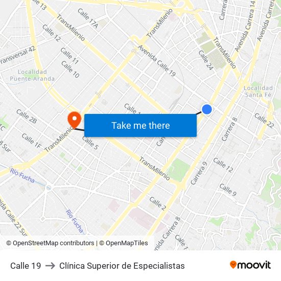 Calle 19 to Clínica Superior de Especialistas map