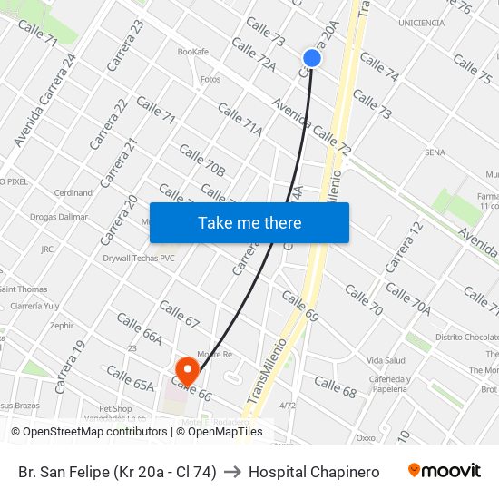 Br. San Felipe (Kr 20a - Cl 74) to Hospital Chapinero map