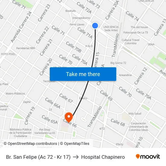 Br. San Felipe (Ac 72 - Kr 17) to Hospital Chapinero map