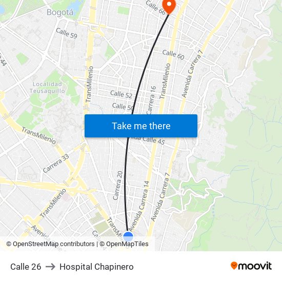 Calle 26 to Hospital Chapinero map