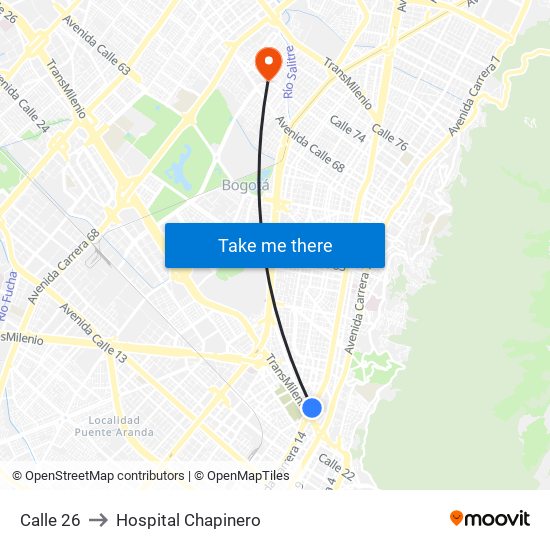 Calle 26 to Hospital Chapinero map