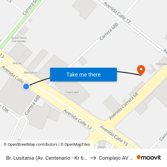 Br. Lusitania (Av. Centenario - Kr 68b) to Complejo AV 68 map