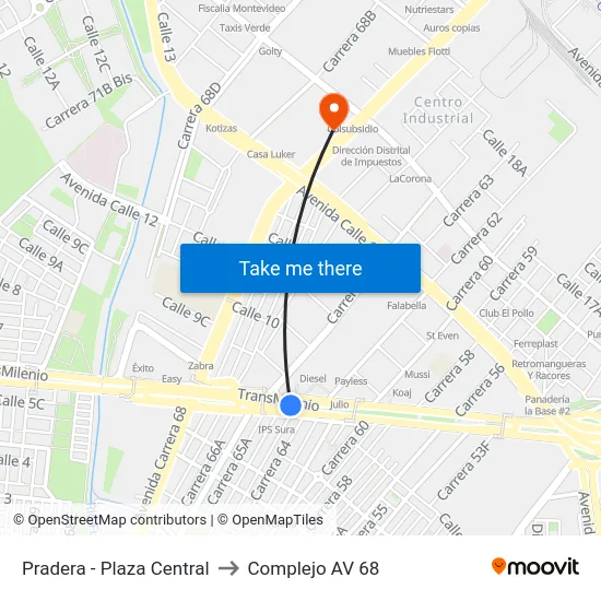 Pradera - Plaza Central to Complejo AV 68 map