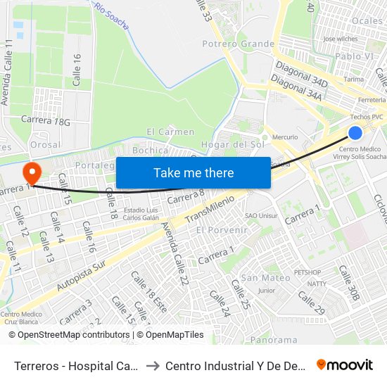 Terreros - Hospital Cardiovascular (Lado Sur) to Centro Industrial Y De Desarrollo Empresarial (Sena) map