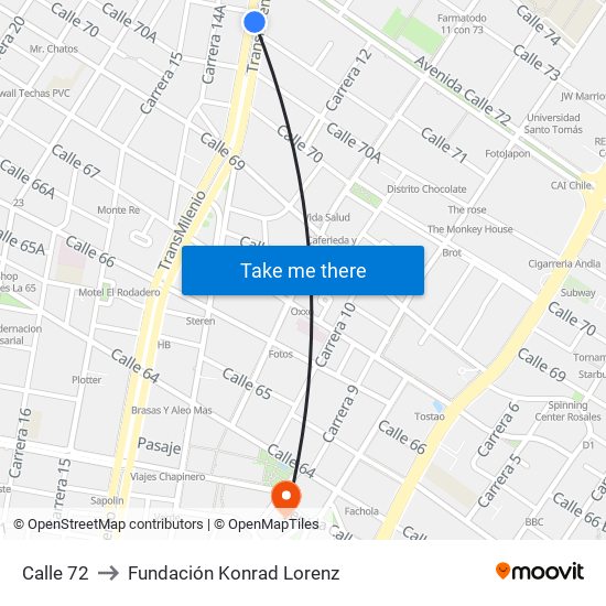 Calle 72 to Fundación Konrad Lorenz map