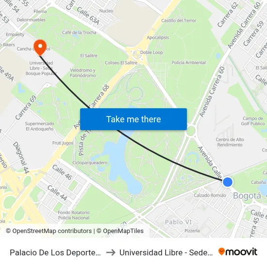 Palacio De Los Deportes (Ac 63 - Kr 56) to Universidad Libre - Sede Bosque Popular map