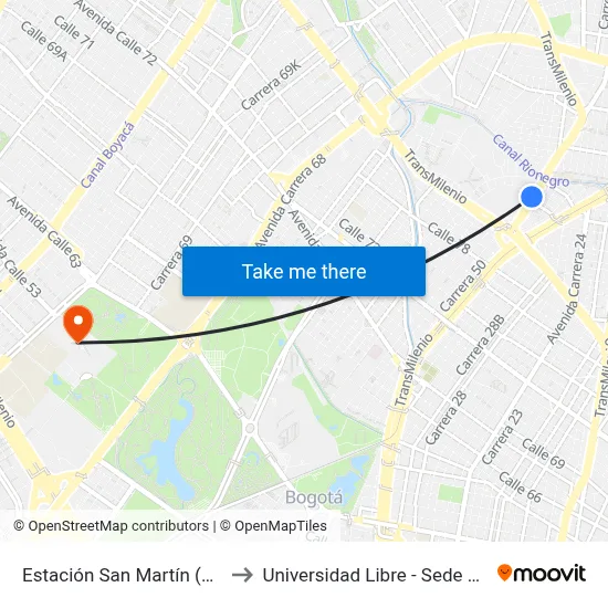 Estación San Martín (Ak 50 - Cl 86b) to Universidad Libre - Sede Bosque Popular map