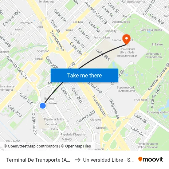 Terminal De Transporte (Av. La Esperanza - Kr 69d) to Universidad Libre - Sede Bosque Popular map