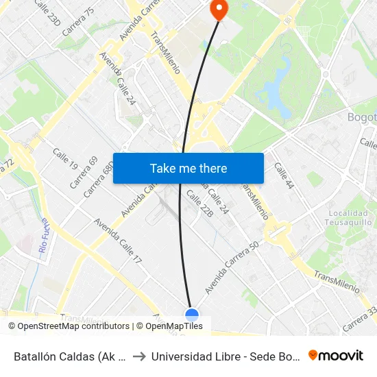 Batallón Caldas (Ak 50 - Cl 15) to Universidad Libre - Sede Bosque Popular map