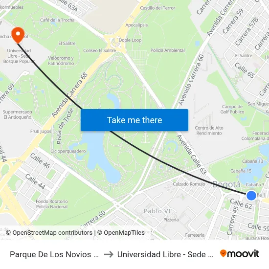 Parque De Los Novios (Ac 63 - Kr 45) to Universidad Libre - Sede Bosque Popular map