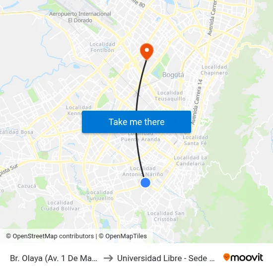 Br. Olaya (Av. 1 De Mayo - Kr 16) (A) to Universidad Libre - Sede Bosque Popular map