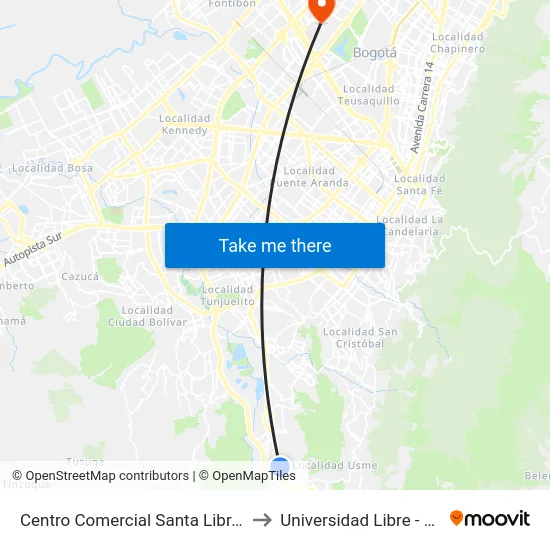 Centro Comercial Santa Librada (Av. Caracas - Cl 75 Sur) to Universidad Libre - Sede Bosque Popular map