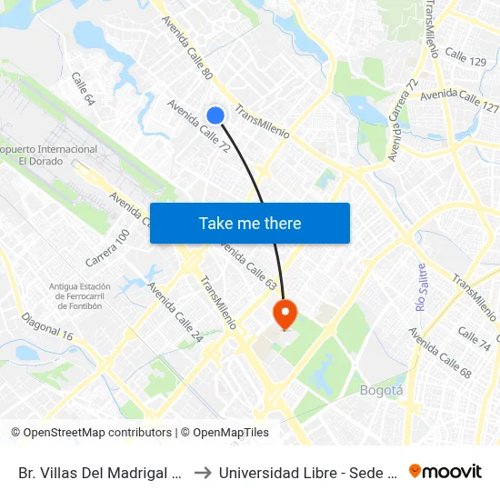 Br. Villas Del Madrigal (Cl 75 - Kr 100) to Universidad Libre - Sede Bosque Popular map