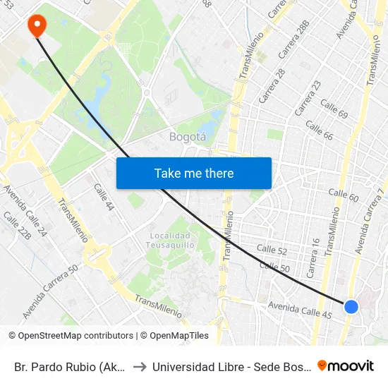 Br. Pardo Rubio (Ak 7 - Cl 46) to Universidad Libre - Sede Bosque Popular map