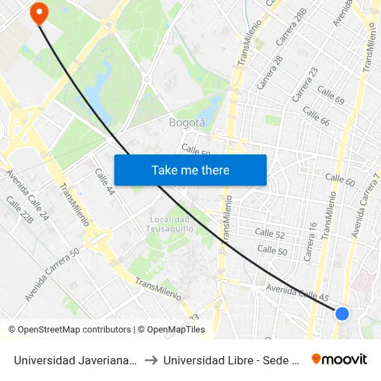 Universidad Javeriana (Ak 7 - Cl 43) to Universidad Libre - Sede Bosque Popular map