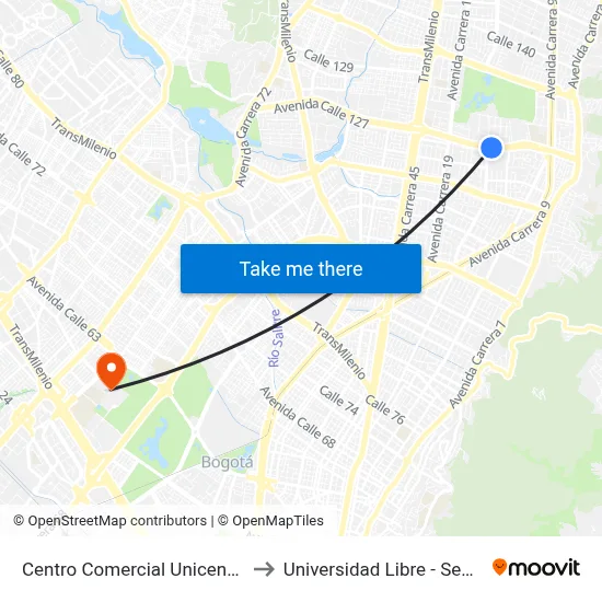 Centro Comercial Unicentro (Ac 127 - Kr 14a) to Universidad Libre - Sede Bosque Popular map