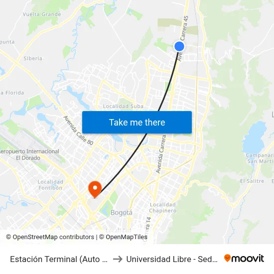 Estación Terminal (Auto Norte - Cl 191) (A) to Universidad Libre - Sede Bosque Popular map