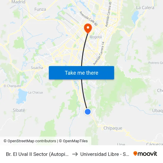 Br. El Uval II Sector (Autopista Al Llano - Kr 6b Este) to Universidad Libre - Sede Bosque Popular map