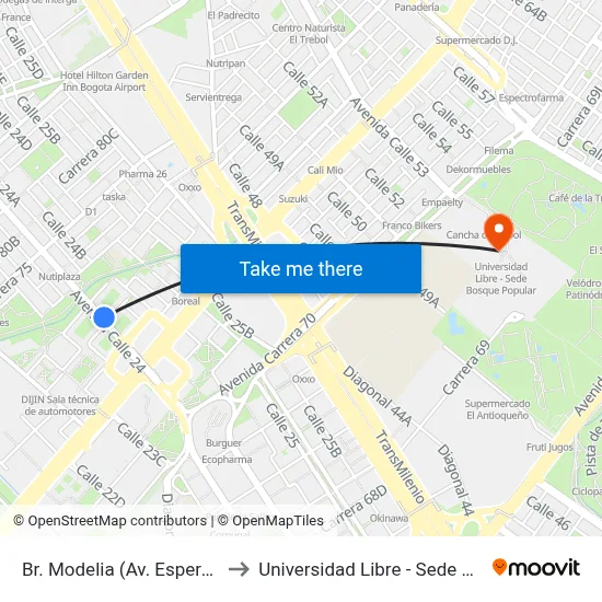 Br. Modelia (Av. Esperanza - Kr 72b) to Universidad Libre - Sede Bosque Popular map