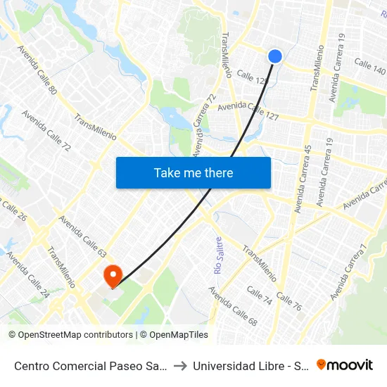 Centro Comercial Paseo San Rafael (Ac 134 - Kr 55a) to Universidad Libre - Sede Bosque Popular map