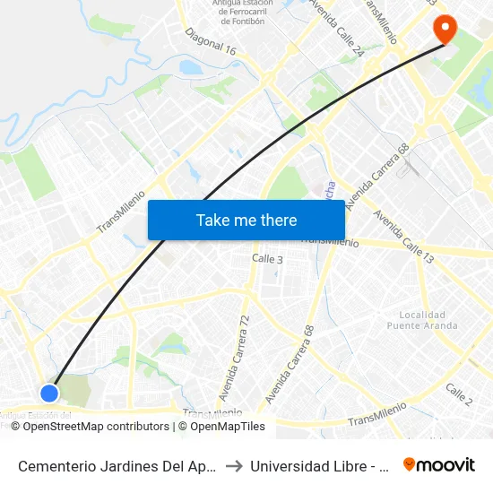 Cementerio Jardines Del Apogeo (Cl 59 Sur - Kr 77k) (B) to Universidad Libre - Sede Bosque Popular map