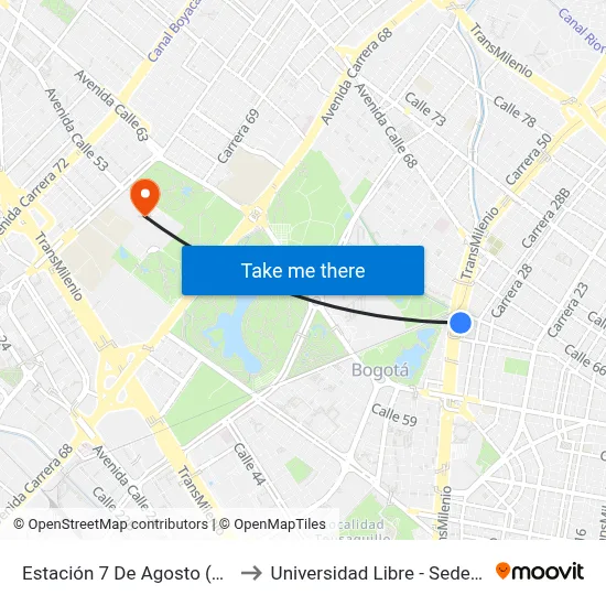 Estación 7 De Agosto (Av. NQS - Cl 63f) to Universidad Libre - Sede Bosque Popular map