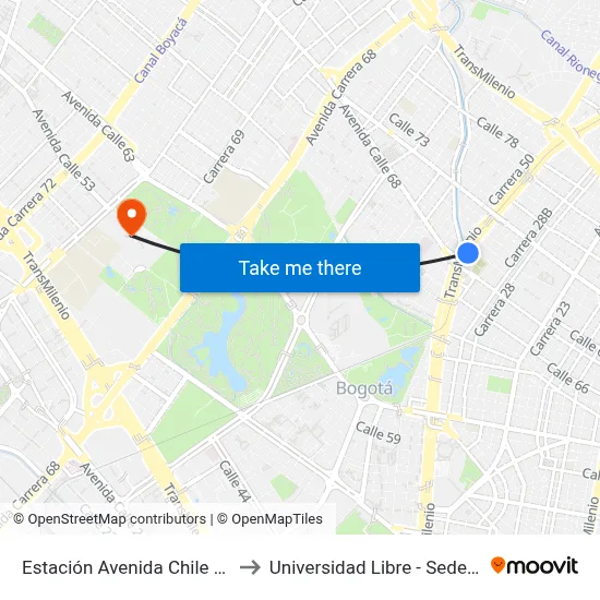Estación Avenida Chile (Av. NQS - Cl 70) to Universidad Libre - Sede Bosque Popular map