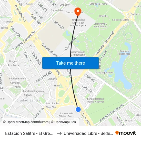 Estación Salitre - El Greco (Ac 26 - Kr 66) to Universidad Libre - Sede Bosque Popular map