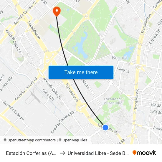 Estación Corferias (Ac 26 - Kr 39) to Universidad Libre - Sede Bosque Popular map
