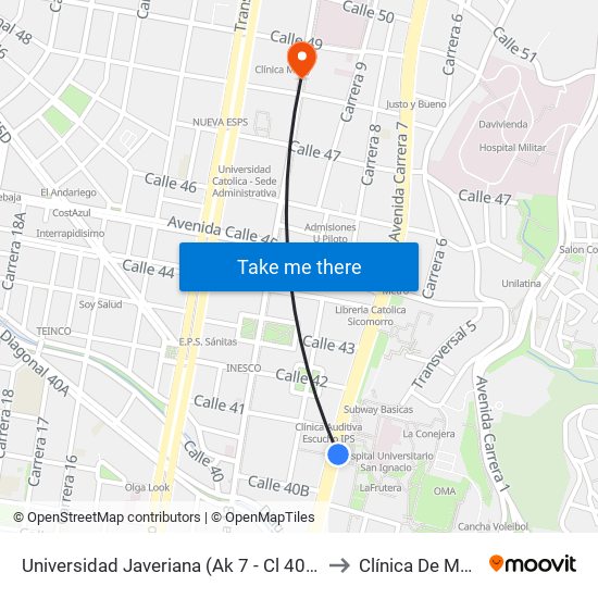 Universidad Javeriana (Ak 7 - Cl 40) (B) to Clínica De Marly map