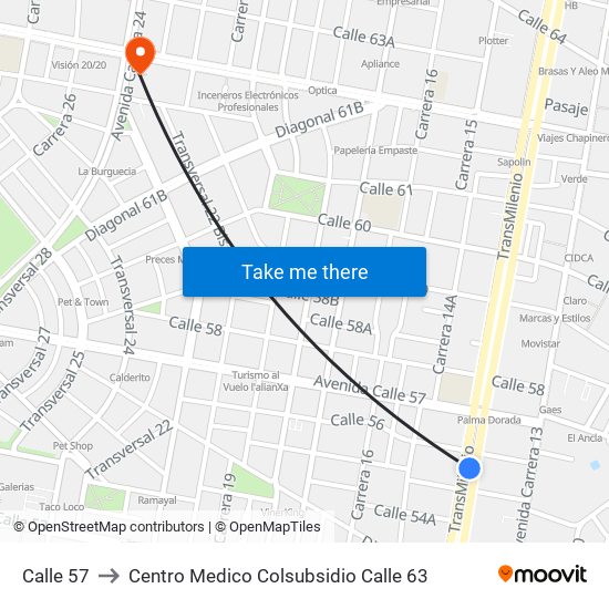 Calle 57 to Centro Medico Colsubsidio Calle 63 map