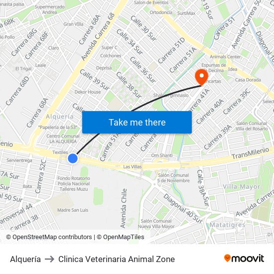 Alquería to Clinica Veterinaria Animal Zone map