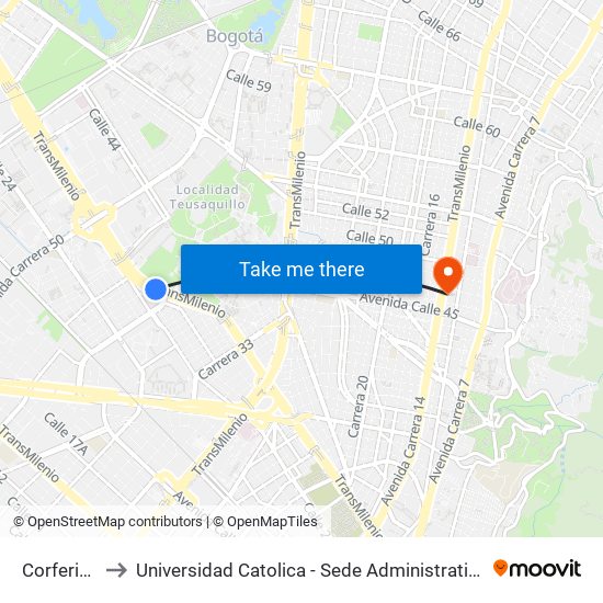 Corferias to Universidad Catolica - Sede Administrativa map
