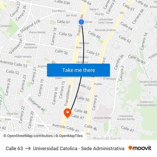 Calle 63 to Universidad Catolica - Sede Administrativa map