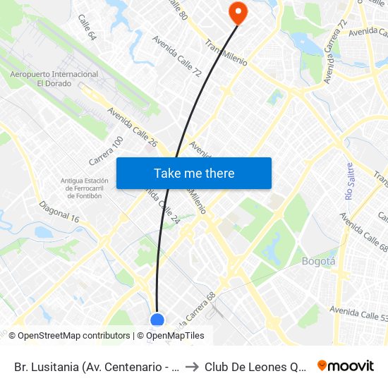 Br. Lusitania (Av. Centenario - Ak 68d) to Club De Leones Quirigua map