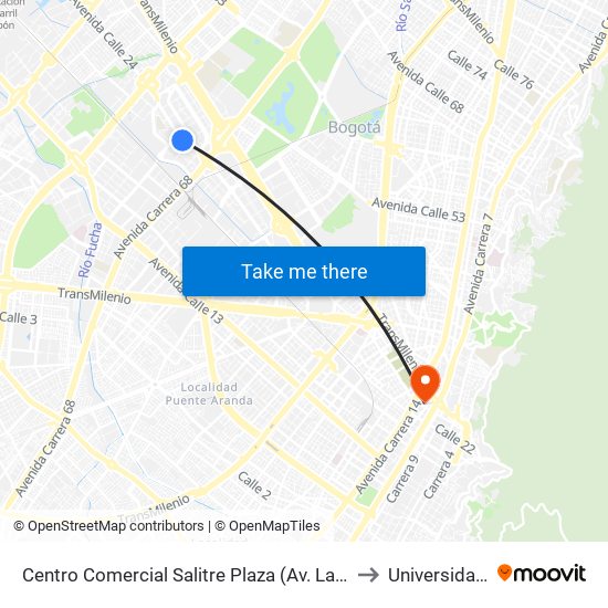 Centro Comercial Salitre Plaza (Av. La Esperanza - Kr 68b) to Universidad Incca map