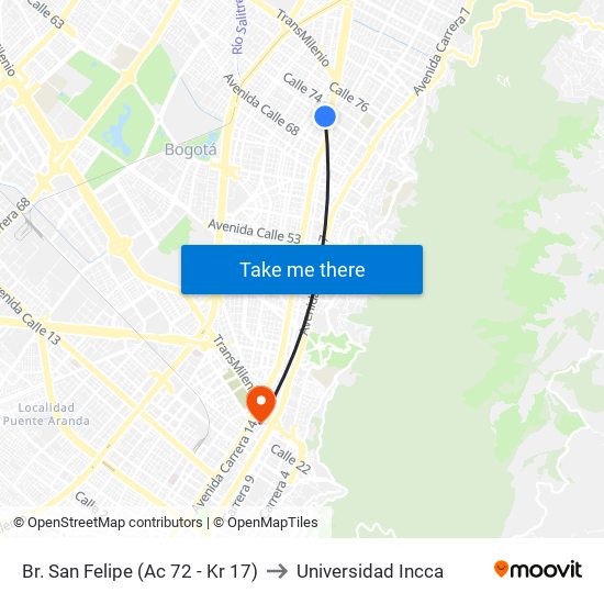 Br. San Felipe (Ac 72 - Kr 17) to Universidad Incca map