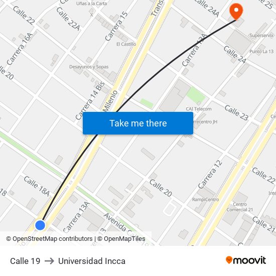 Calle 19 to Universidad Incca map