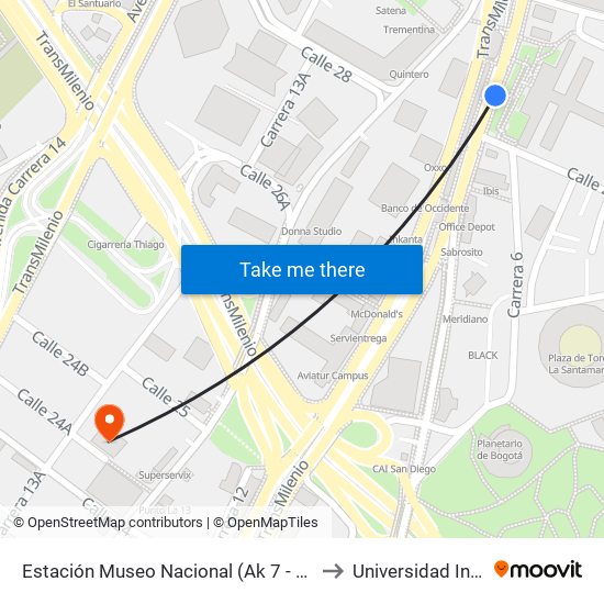 Estación Museo Nacional (Ak 7 - Cl 29) to Universidad Incca map