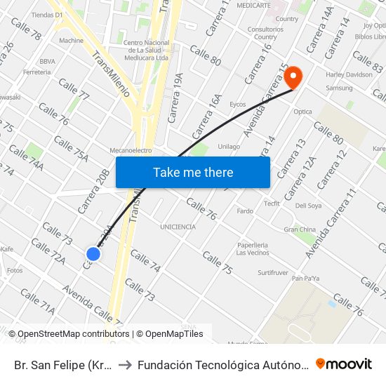 Br. San Felipe (Kr 20a - Cl 74) to Fundación Tecnológica Autónoma De Bogotá Faba map