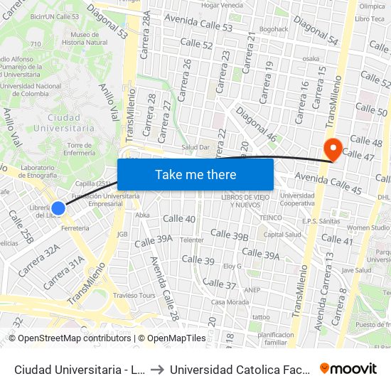 Ciudad Universitaria - Lotería De Bogotá to Universidad Catolica Facultad De Psicologia map