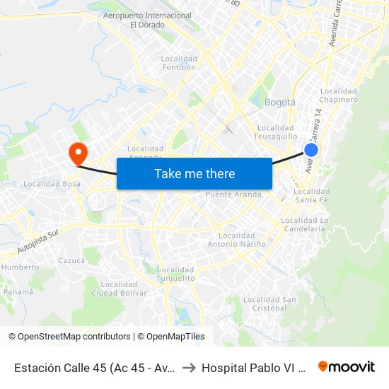Estación Calle 45 (Ac 45 - Av. Caracas) to Hospital Pablo VI De Bosa map