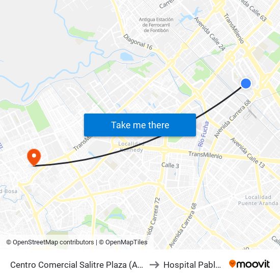 Centro Comercial Salitre Plaza (Av. La Esperanza - Kr 68b) to Hospital Pablo VI De Bosa map