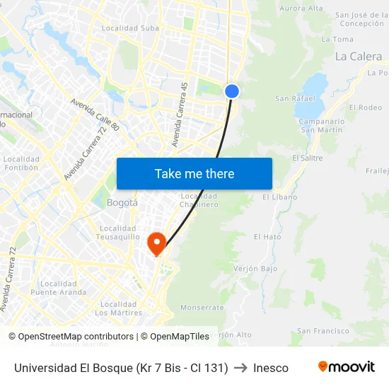Universidad El Bosque (Kr 7 Bis - Cl 131) to Inesco map