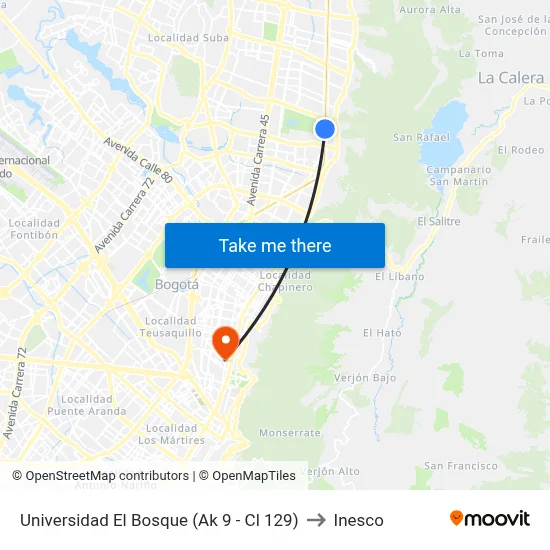 Universidad El Bosque (Ak 9 - Cl 129) to Inesco map
