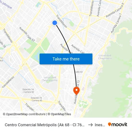 Centro Comercial Metrópolis (Ak 68 - Cl 76a) (C) to Inesco map