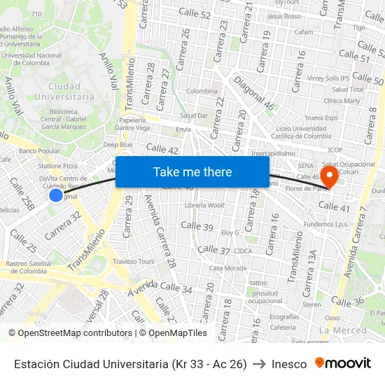 Estación Ciudad Universitaria (Kr 33 - Ac 26) to Inesco map