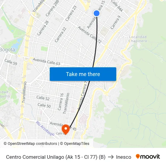 Centro Comercial Unilago (Ak 15 - Cl 77) (B) to Inesco map