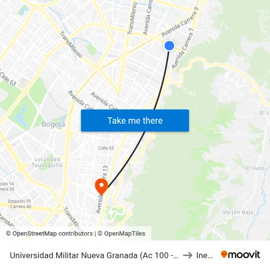 Universidad Militar Nueva Granada (Ac 100 - Kr 10) (B) to Inesco map